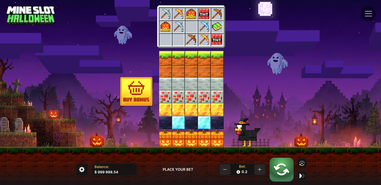 Игровият екран на Mine Slot Halloween с колони от блокове, инструменти и бутон Buy Bonus