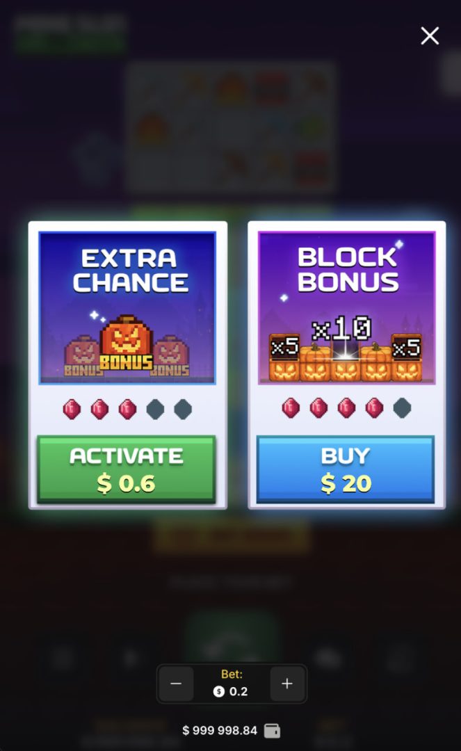 Mine Slot Halloween на мобилен телефон вертикално с прозореца Extra Chance и Block Bonus