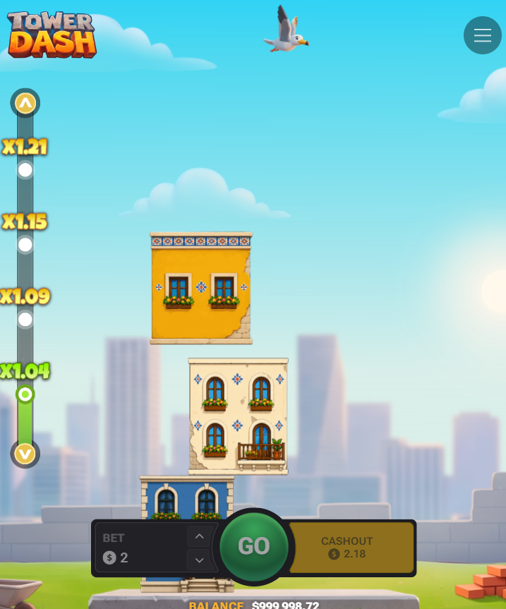 Tower Dash във вертикален режим на телефон с Go и Cashout