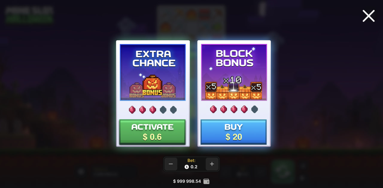 Прозорецът Extra Chance и Block Bonus в Mine Slot Halloween на компютър