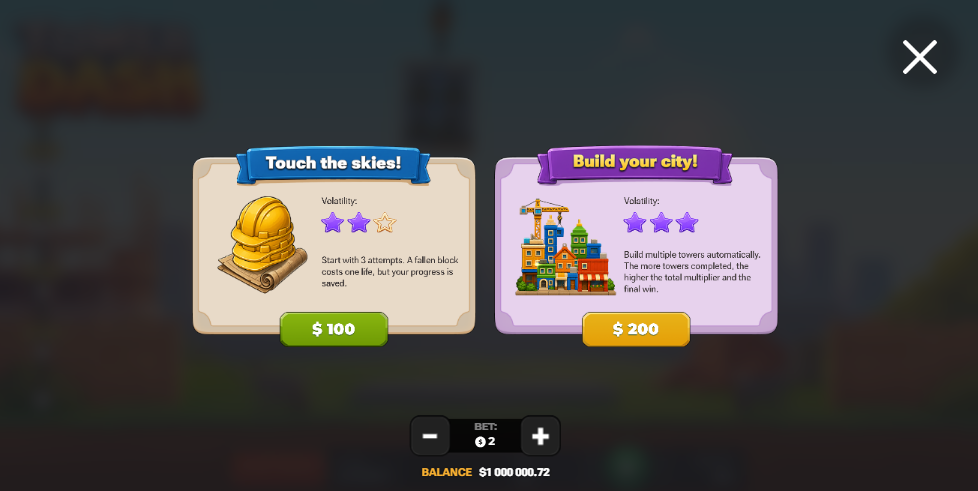 Bonus Buy в Tower Dash с опциите Touch the skies и Build your city