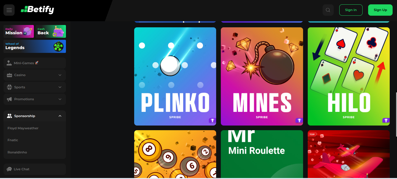 Секцията с мини игри на Betify с Plinko, Mines и Hilo