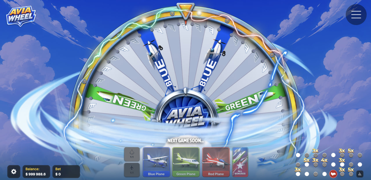 Avia Wheel review demo casino game: въртящо се колело с карти Blue Plane, Green Plane и Red Plane