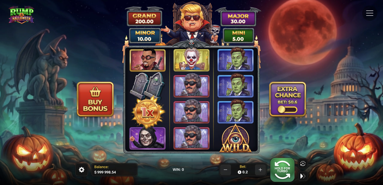 Екранът на Rump & Halloween с решетка 3×4, четири джакпота, Buy Bonus и Extra Chance