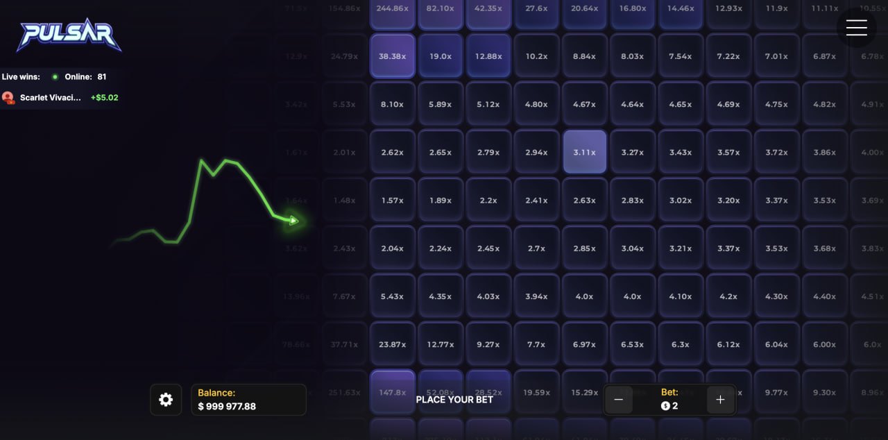 Pulsar review demo casino game: неонова мрежа от лилави полета с коефициенти и зелена траектория на импулса